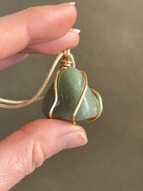 Green Aventurine Gold Tone Wire Wrap Necklace on Cotton Twine